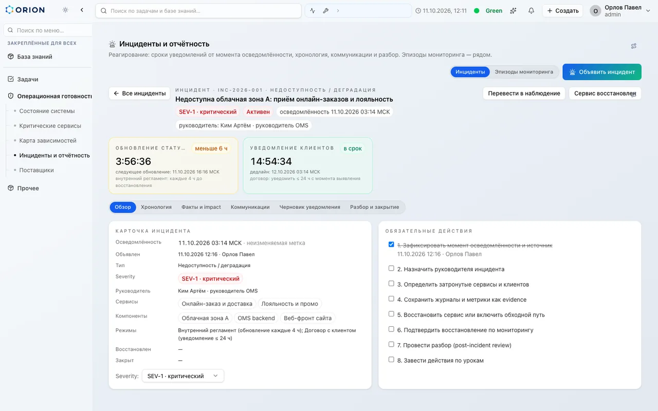 Рабочее пространство инцидента с регламентными таймерами